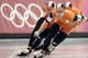 Netherlands' Mark Tuitert leads the team during the final of the Winter Olympics speedskating men's team pursuit at the Oval Lingotto in Turin, Italy, Thursday, Feb. 16, 2006. The Dutch team won the bronze medal in the event. (AP Photo/Matt Dunham)