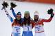 SOCHI, RUSSIA - FEBRUARY 18: (FRANCE OUT) Tina Maze of Slovenia wins the gold medal, Anna Fenninger of Austria wins the silver medal, Viktoria Rebensburg of Germany wins the bronze medal during the Alpine Skiing Women's Giant Slalom at the Sochi 2014 Winter Olympic Games at Rosa Khutor Alpine Centre on February 18, 2014 in Sochi, Russia. (Photo by Agence Zoom/Getty Images)
