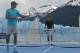 In this picture released by Argentina's Ministry of Tourism, tennis players Rafael Nadal, left, and Novak Djokovic pose in front of Glacier Perito Moreno from a tennis court on a ship where they played an exhibition game near El Calafate, Argentina, Friday, Nov. 22, 2013. (AP Photo, Argentina's Ministry of Tourism)
