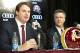 Jan 9, 2014; Ashburn, VA, USA; Washington Redskins head coach Jay Gruden speaks as general manager Bruce Allen looks on during a press conferences at Redskins Park Team Auditorium. Mandatory Credit: Brad Mills-USA TODAY Sports