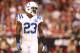 Nov 24, 2013; Phoenix, AZ, USA; Indianapolis Colts cornerback Vontae Davis (23) against the Arizona Cardinals at University of Phoenix Stadium. The Cardinals defeated the Colts 40-11. Mandatory Credit: Mark J. Rebilas-USA TODAY Sports