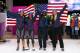 SOCHI, RUSSIA - FEBRUARY 19: Silver medallists Elana Meyers (L) and Lauryn Williams (2ndL) of the United States team 1 pose with bronze medallists Jamie Greubel (R) and Aja Evans of the United States team 2 during the Women's Bobsleigh on Day 12 of the Sochi 2014 Winter Olympics at Sliding Center Sanki on February 19, 2014 in Sochi, Russia. (Photo by Al Bello/Getty Images)