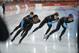 U.S. speedskaters Joey Mantia, rear left, Shani davis, front left, Brian Hansen, second right, and Jonathan Kuck, right, practice for the team pursuit at Adler Arena Skating Center during the 2014 Winter Olympics, Monday, Feb. 17, 2014, in Sochi, Russia. (AP Photo/Pavel Golovkin)