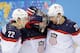 USA defenseman Kevin Shattenkirk, goaltender Jonathan Quick and forward Blake Wheeler celebrate their 5-2 win over the Czech Republic after the men's quarterfinal hockey game in Shayba Arena at the 2014 Winter Olympics, Wednesday, Feb. 19, 2014, in Sochi, Russia. (AP Photo/David J. Phillip )