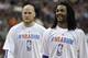 Los Angeles Lakers' Chris Kaman, left, and Jordan Hill are seen during an NBA basketball game against the Philadelphia 76ers on Friday, Feb. 7, 2014, in Philadelphia. The Lakers beat the 76ers 112-98. (AP Photo/Michael Perez)