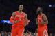 Houston Rockets center Dwight Howard, left, and guard James Harden reacts after Howard was called for a technical foul during the first half of an NBA basketball game against the Los Angeles Lakers, Wednesday, Feb. 19, 2014, in Los Angeles. (AP Photo/Mark J. Terrill)