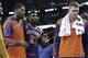 New York Knicks shooting guard Iman Shumpert (21) is helped off the court after being injured during the second half of an NBA basketball game against the New Orleans Pelicans in New Orleans, Wednesday, Feb. 19, 2014. The Knicks won 98-91. (AP Photo/Jonathan Bachman)