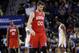 Philadelphia 76ers' Spencer Hawes wake off the court during the second half of an NBA basketball game against the Golden State Warriors on Monday, Feb. 10, 2014, in Oakland, Calif. (AP Photo/Marcio Jose Sanchez)
