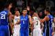 ATLANTA, GA - FEBRUARY 18: Jabari Parker #1 of the Duke Blue Devils is congratulated by Rodney Hood #5 and Amile Jefferson #21 after scoring against the Georgia Tech Yellow Jackets at McCamish Pavilion on February 18, 2014 in Atlanta, Georgia. (Photo by Scott Cunningham/Getty Images)