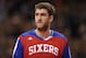 Dec 13, 2013; Toronto, Ontario, CAN; Philadelphia 76ers center Spencer Hawes (00) warms up before playing against the Toronto Raptors at Air Canada Centre. The Raptors beat the 76ers 108-100. Mandatory Credit: Tom Szczerbowski-USA TODAY Sports