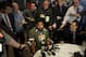 Penn State offensive lineman John Urschel answers a question during a news conference at the NFL football scouting combine in Indianapolis, Thursday, Feb. 20, 2014. (AP Photo/Michael Conroy)