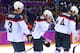 SOCHI, RUSSIA - FEBRUARY 21: Cam Fowler #3, Patrick Kane #88 and John Carlson #4 of the United States react after losing 1-0 to Canada during the Men's Ice Hockey Semifinal Playoff on Day 14 of the 2014 Sochi Winter Olympics at Bolshoy Ice Dome on February 21, 2014 in Sochi, Russia. (Photo by Martin Rose/Getty Images)