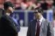 San Francisco 49ers head coach Jim Harbaugh, left, talks with owner Jed York before an NFL football game against the Indianapolis Colts in San Francisco, Sunday, Sept. 22, 2013. (AP Photo/Jeff Chiu)