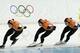 Speedskaters from the Netherlands, left to right, Sven Kramer, Jan Blokhuijsen and Koen Verweij skate on their way to win the gold medal in the mens team pursuit at the Adler Arena Skating Center at the 2014 Winter Olympics, Saturday, Feb. 22, 2014, in Sochi, Russia. (AP Photo/Matt Dunham)