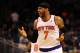 Feb 21, 2014; Orlando, FL, USA; New York Knicks small forward Carmelo Anthony (7) celebrates after hitting a three-point-basket in the second half as the Orlando Magic beat the New York Knicks 129-121 in double overtime at Amway Center. Anthony had a game-high 44 points. Mandatory Credit: David Manning-USA TODAY Sports