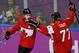 Jonathan Toews of Canada (16) celebrates this goal with teammate Jeff Carter (77) during the first period of the men's gold medal ice hockey game against Sweden at the 2014 Winter Olympics, Sunday, Feb. 23, 2014, in Sochi, Russia. (AP Photo/Petr David Josek)