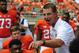 Clemson coach Dabo Swinney talks to his players before the start of an NCAA college football game Saturday against South Carolina State, Sept. 7, 2013 at Memorial Stadium in Clemson, S.C.(AP Photo/ Richard Shiro)