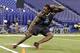 South Carolina defensive lineman Jadeveon Clowney runs a drill at the NFL football scouting combine in Indianapolis, Monday, Feb. 24, 2014. (AP Photo/Michael Conroy)
