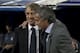 Manchester City's coach Roberto Mancini of Italy is embraced by Real Madrid coach Jose Mourinho from Portugal before a Champions League Group D soccer match at the Santiago Bernabeu Stadium, in Madrid, Tuesday, Sept. 18, 2012. (AP Photo/Daniel Ochoa De Olza)