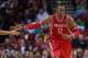 Feb 5, 2014; Houston, TX, USA; Houston Rockets center Dwight Howard (12) is congratulated by Houston Rockets point guard Jeremy Lin (not pictured) during the second half of the game against the Phoenix Suns at the Toyota Center. Howard leads his team with 34 points and 14 rebounds. The Rockets defeated the Suns 122-108. Mandatory Credit: Jerome Miron-USA TODAY Sports
