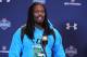 Feb 22, 2014; Indianapolis, IN, USA; South Carolina Gamecocks defensive end Jadeveon Clowney speaks to the media in a press conference during the 2014 NFL Combine at Lucas Oil Stadium. Mandatory Credit: Brian Spurlock-USA TODAY Sports