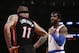 New York Knicks' Amar'e Stoudemire (1) talks to Miami Heat's Chris Andersen (11) during the first half of an NBA basketball game Saturday, Feb. 1, 2014, in New York. Miami won 106-91. (AP Photo/Jason DeCrow)