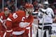 Detroit Red Wings left wing Henrik Zetterberg (40), of Sweden, skates in front of Los Angeles Kings goalie Jonathan Quick (32) after scoring a goal during the second period of an NHL hockey game in Detroit, Saturday, Jan. 18, 2014. (AP Photo/Carlos Osorio)