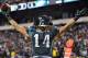 Jan 4, 2014; Philadelphia, PA, USA; Philadelphia Eagles wide receiver Riley Cooper (14) celebrates a touchdown catch against the New Orleans Saints during the first half 2013 NFC wild card playoff football game at Lincoln Financial Field. Mandatory Credit: Joe Camporeale-USA TODAY Sports