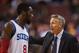 Jan 17, 2014; Philadelphia, PA, USA; Philadelphia 76ers head coach Brett Brown talks with guard Tony Wroten (8) during the fourth quarter against the Miami Heat at the Wells Fargo Center. The Heat defeated the Sixers 101-86. Mandatory Credit: Howard Smith-USA TODAY Sports