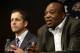 Baltimore Ravens general manager and executive vice president Ozzie Newsome, right, speaks alongside head coach John Harbaugh at an NFL football news conference on Thursday, Feb. 7, 2013 in Owings Mills, Md. The Ravens beat the San Francisco 49ers 34-31 in Super Bowl XLVII. (AP Photo/Patrick Semansky)