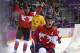 Feb 23, 2014; Sochi, RUSSIA; Canada forward Jonathan Toews (16) celebrates a goal against Sweden in the men's ice hockey gold medal game during the Sochi 2014 Olympic Winter Games at Bolshoy Ice Dome. Mandatory Credit: Winslow Townson-USA TODAY Sports