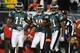 Philadelphia Eagles wide receiver DeSean Jackson (10) celebrates his touchdown with teammates Jeremy Maclin (18) and Jason Avant (81) in the first half of an NFL football game against the Denver Broncos, Sunday, Dec. 27, 2009, in Philadelphia. (AP Photo/Mel Evans)