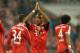 Bayern's David Alaba of Austria, center, reacts to supporters after the German first division Bundesliga soccer match between FC Bayern Munich and FC Schalke in Munich, Germany, on Saturday, March 1, 2014. Bayern won 5-1. (AP Photo/Kerstin Joensson)
