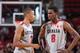 PORTLAND, OR - APRIL 20: Dante Exum #7 talks with Andrew Wiggins #8 of the World Select Team talks against the USA Junior Select Team during the game on April 20, 2013 at the Rose Garden Arena in Portland, Oregon. NOTE TO USER: User expressly acknowledges and agrees that, by downloading and or using this photograph, User is consenting to the terms and conditions of the License Agreement. Mandatory Copyright Notice: Copyright 2012 (Photo by Sam Forencich)