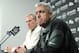 New York Jets coach Rex Ryan, right, reacts as he and general manager John Idzik speak to the media during an NFL football news conference Tuesday, Dec. 31, 2013, in Florham Park, N.J. (AP Photo/Bill Kostroun)