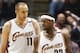 ** FILE ** Cleveland Cavaliers' Zydrunas Ilgauskas, left, and LeBron James walk back on the court in a game against the New Jersey Nets, Nov. 10, 2004, in Cleveland. The big center from Lithuania believes the Cavaliers are good enough to make a deep run in the NBA playoffs this season, but with the Feb. 24 trade deadline approaching, he may not be around to see it happen. (AP Photo/Tony Dejak, File)