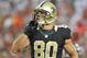 TAMPA, FL - SEPTEMBER 15: Tight end Jimmy Graham #80 of the New Orleans Saints celebrates after scoring against the Tampa Bay Buccaneers September 15, 2013 at Raymond James Stadium in Tampa, Florida. The Saints won 16 - 14. (Photo by Al Messerschmidt/Getty Images)