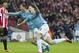 Manchester City's Samir Nasri, centre right, celebrates after scoring as Sunderland's Ki Sung-Yueng, left, looks on during the League Cup Final at Wembley Stadium, London, England, Sunday March 2, 2014. (AP Photo/Jon Super)