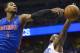 Detroit Pistons center Andre Drummond (1) blocks a shot by Orlando Magic guard Jameer Nelson, right, during the first half of an NBA basketball game in Orlando, Fla., Sunday, Jan. 27, 2013.(AP Photo/Phelan M. Ebenhack)