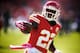 KANSAS CITY, MO - OCTOBER 13: Dexter McCluster #22 of the Kansas City Chiefs of the Kansas City Chiefs smiles at the fans on the sideline before a game against the Oakland Raiders on October 13, 2013 at Arrowhead Stadium in Kansas City, Missouri. (Photo by Kyle Rivas/Getty Images)