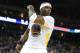 Feb 22, 2014; Oakland, CA, USA; Golden State Warriors center Jermaine O'Neal (7) reacts after a dunk against the Brooklyn Nets during the fourth quarter at Oracle Arena. The Golden State Warriors defeated the Brooklyn Nets 93-86. Mandatory Credit: Kelley L Cox-USA TODAY Sports