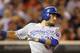 Kansas City Royals Eric Hosmer watches his double off Minnesota Twins pitcher Brian Duensing in the 9th inning of baseball won by the Royals 7-2 in Minneapolis Tuesday, July 30, 2013.(AP Photo/Andy Clayton-King)