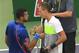 Tomas Berdych of the Czech Republic, right, and Jo-Wilfried Tsonga of France greet each other after their men's singles quarterfinal match at the Shanghai Masters tennis tournament at Qizhong Forest Sports City Tennis Center in Shanghai, China, Friday Oct. 12, 2012. Berdych won 6-3, 7-6 (4). (AP Photo/Eugene Hoshiko)