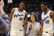 Feb 22, 2014; Lawrence, KS, USA; Kansas Jayhawks center Joel Embiid (21) and guard Andrew Wiggins (22) speak with media after the game against the Texas Longhorns at Allen Fieldhouse. Kansas won 85-54. Mandatory Credit: Denny Medley-USA TODAY Sports