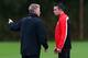 MANCHESTER, ENGLAND - OCTOBER 22: David Moyes the manager of Manchester United talks with Robin Van Persie prior to a training session at Aon Training Complex on October 22, 2013 in Manchester, England. (Photo by Alex Livesey/Getty Images)