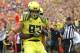 EUGENE, OR - SEPTEMBER 14: Johnny Mundt #83 of the Oregon Ducks celebrates a touchdown against the Tennessee Volunteers on September 14, 2013 at the Autzen Stadium in Eugene, Oregon. (Photo by Jonathan Ferrey/Getty Images)
