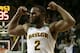 Baylor forward Rico Gathers (2) celebrates a score in the second half of an NCAA college basketball game against Kansas, Tuesday, Feb. 4, 2014, in Waco, Texas. (AP Photo/Tony Gutierrez)