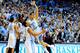 CHAPEL HILL, NC - FEBRUARY 20: Kennedy Meeks #3 and Marcus Paige #5 of the North Carolina Tar Heels celebrate after a win over the Duke Blue Devils at the Dean Smith Center on February 20, 2014 in Chapel Hill, North Carolina. North Carolina won 74-66. (Photo by Grant Halverson/Getty Images)