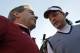 Alabama head coach Nick Saban, left, talks with Auburn head coach Gus Malzahn prior to the start of an NCAA college football game in Auburn, Ala., Saturday, Nov. 30, 2013. (AP Photo/Butch Dill)