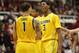 Jan 2, 2014; Stanford, CA, USA; California Golden Bears guard Tyrone Wallace (3) and California Golden Bears guard Justin Cobbs (1) celebrate after the game against the Stanford Cardinal at Maples Pavilion. California won 69-62. Mandatory Credit: Bob Stanton-USA TODAY Sports